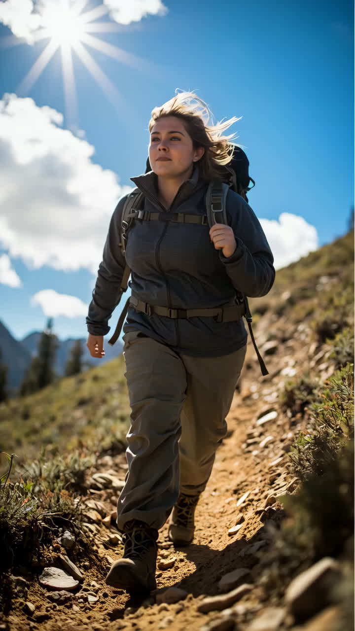 Woman Hiking on a Sunny Mountain Trail