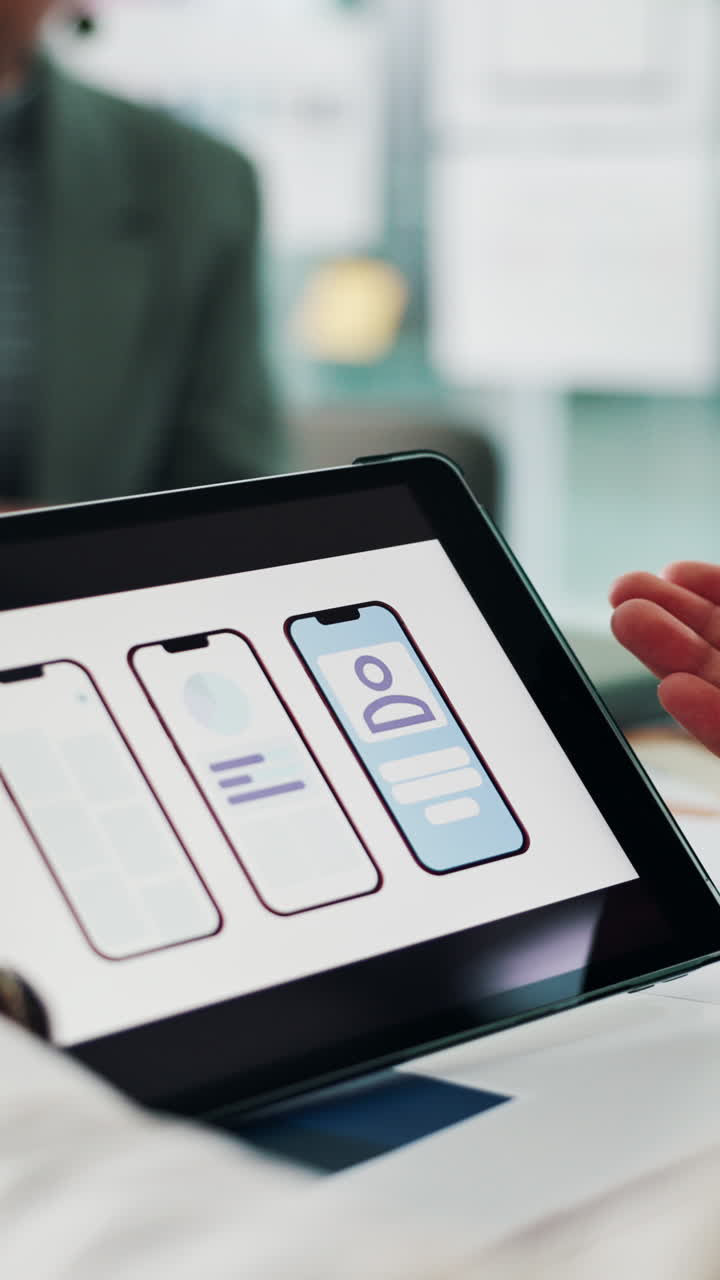 Person Pointing at Mobile App UI/UX Design on Digital Tablet