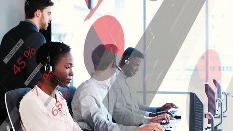 animation of financial data processing over diverse business people using phone headsets
