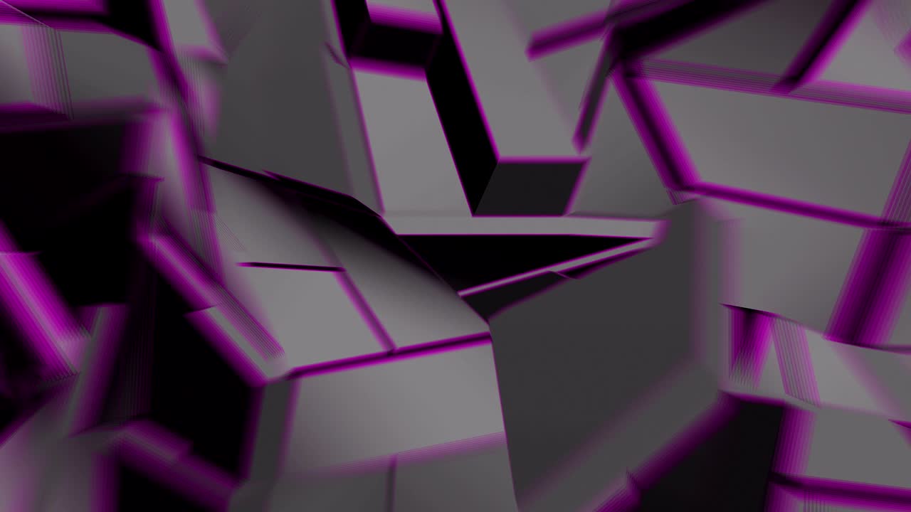 Dark gray abstract polygonal broken shapes with lilac edges fluctuate seamless loop. 3D animation.