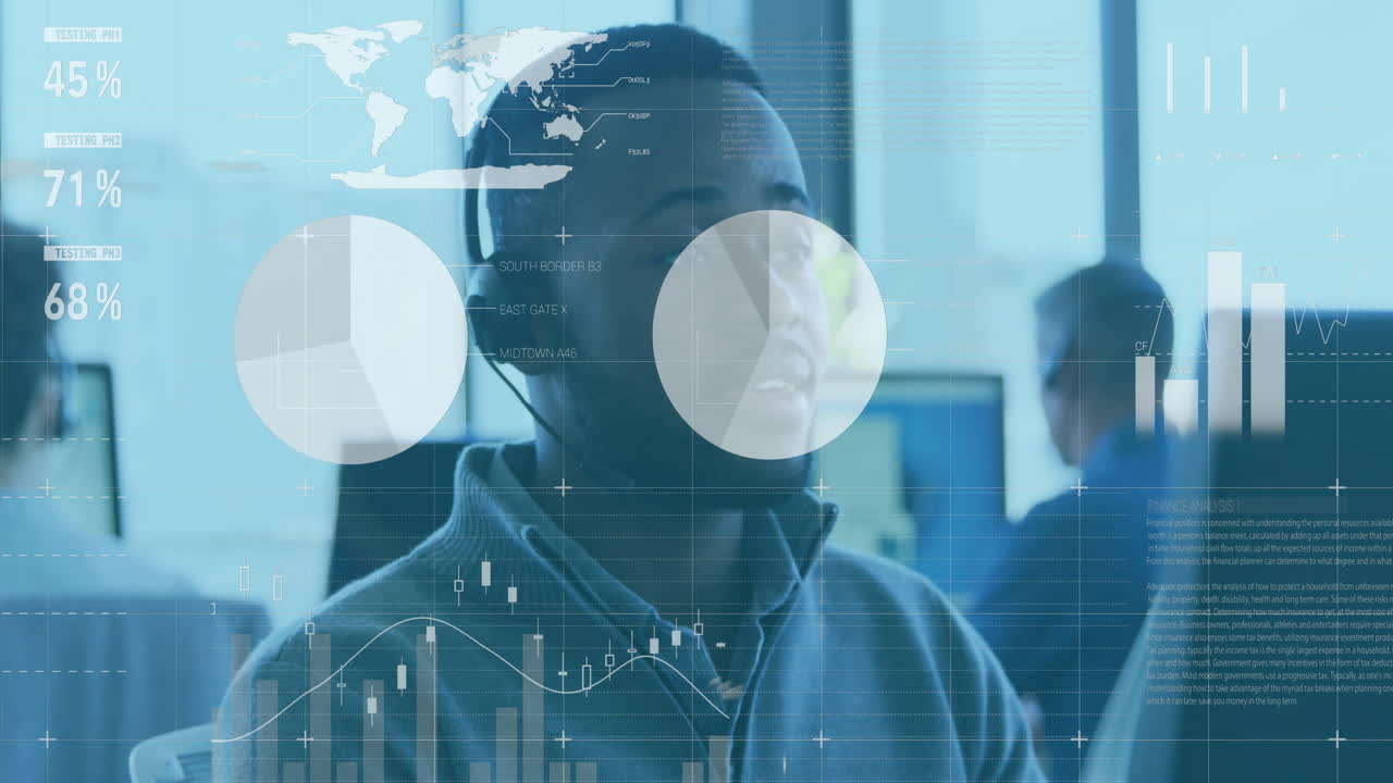 Businessman in office with data analytics and world map overlay animation