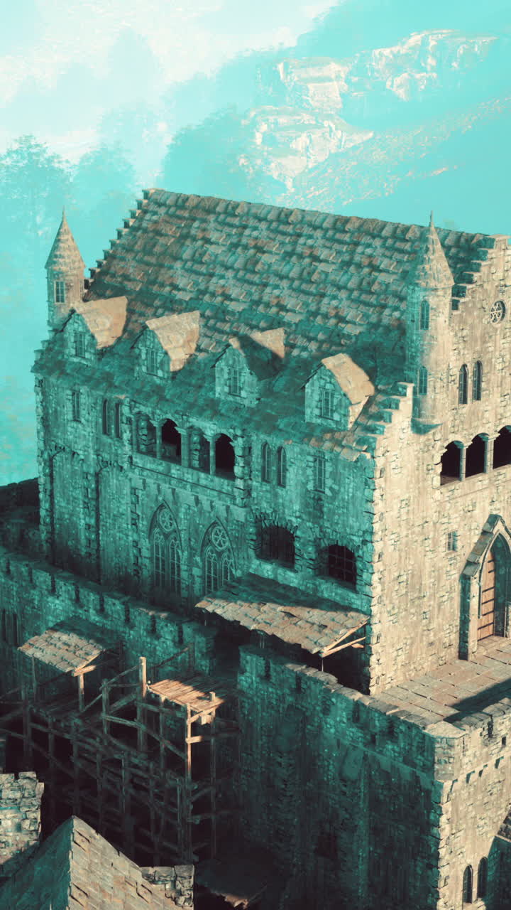 환상적인 풍경에서 스카포딩이 있는 돌로 된 성