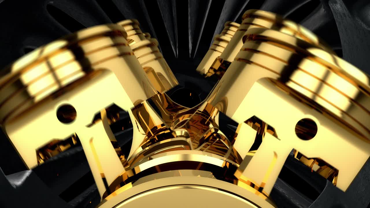 작동하는 황금색 v8 엔진 애니메이션을 닫으십시오 - 루프