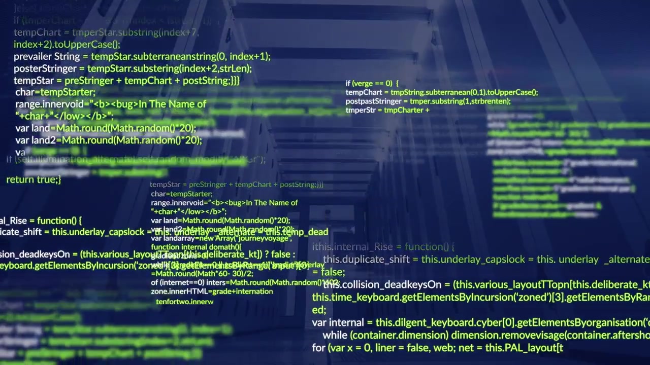 Animation af databehandling og lyspunkter mod et computerserverrum