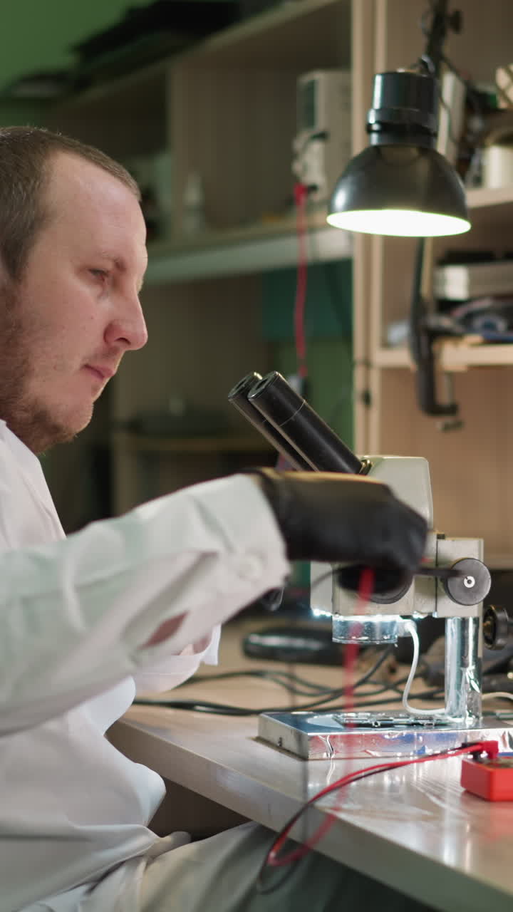 una vista de cerca de un técnico con una bata blanca de laboratorio y guantes negros prueba cuidadosamente un circuito bajo un microscopio usando un voltímetro en un laboratorio bien organizado