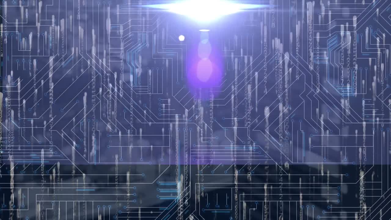 빛나는 컴퓨터 회로판 위의 데이터 처리 애니메이션