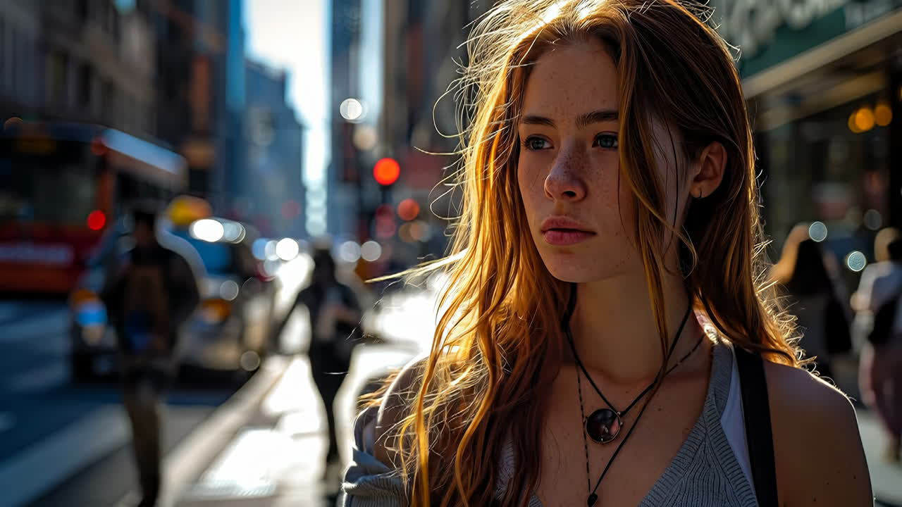 Giovane donna passeggia alla luce del sole. Una giovane donna si trova su una strada trafficata della città, con la luce del sole che si riflette sugli edifici vicini.