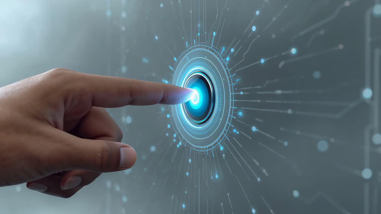 Approaching adult index finger contacting holographic circle on translucent panel, activating data