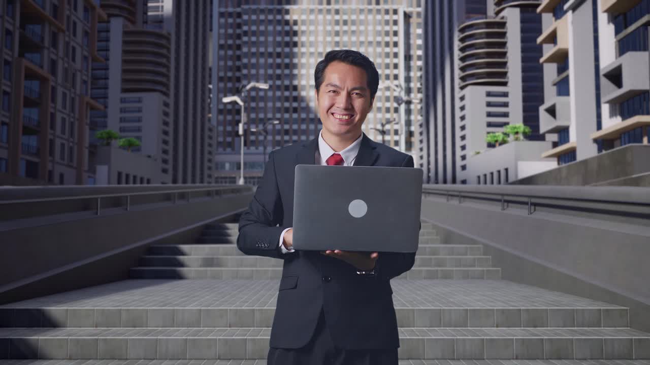 un hombre de negocios asiático usando una computadora portátil y sonriendo a la cámara en la ciudad