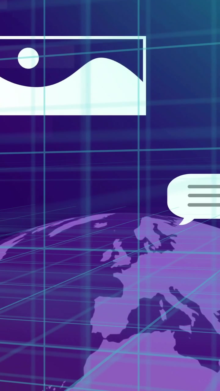 Digital communication animation over globe with chat bubbles and image icon