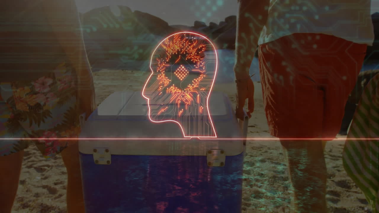 Neon brain animation over people standing near cooler on sandy beach
