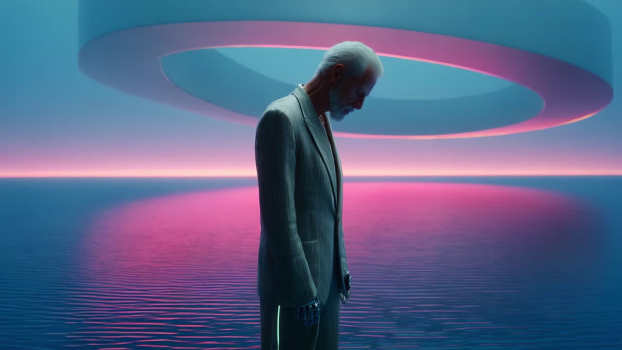 A surreal representation of a figure in a futuristic landscape, surrounded by ethereal lights and reflections on water, conveying themes of solitude and introspection against a cosmic backdrop
