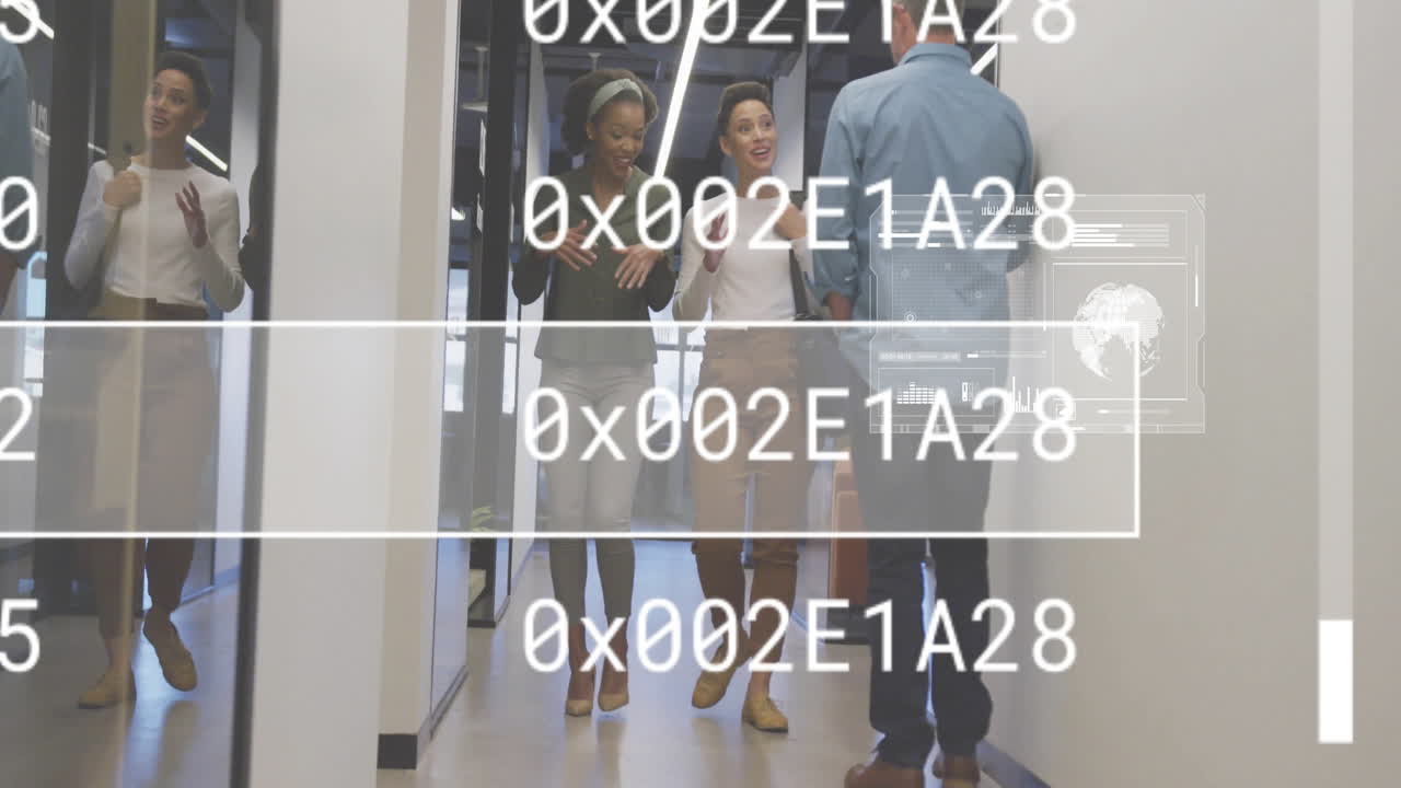 animación de procesamiento de datos y diagramas sobre diversas personas de negocios que caminan en la oficina