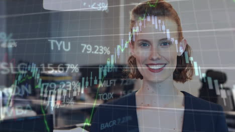 animation of financial data processing over smiling caucasian businesswoman in office