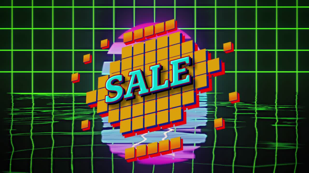 그리드 네트워크를 통해 추상적인 모양과 검은 바탕에 물 반사 효과에 대한 판매 텍스트