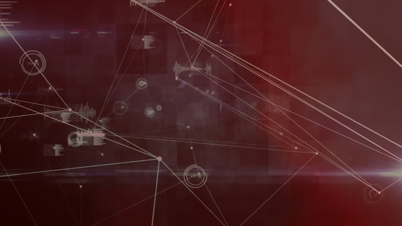 animación de la red de conexiones, procesamiento de datos y puntos de luz contra fondo rojo