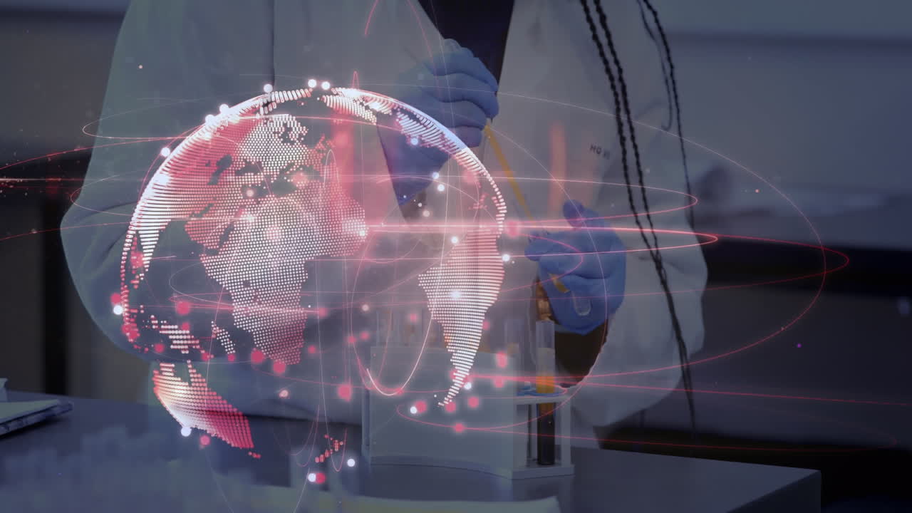 Animation of globe with network of connections over female scientist in laboratory