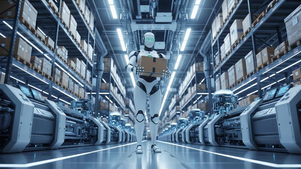 A futuristic warehouse environment featuring a humanoid robot carefully transporting a cardboard box, showcasing advanced technology in automated logistics and storage solutions.