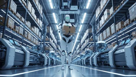a futuristic warehouse environment featuring a humanoid robot carefully transporting a cardboard box, showcasing advanced technology in automated logistics and storage solutions.