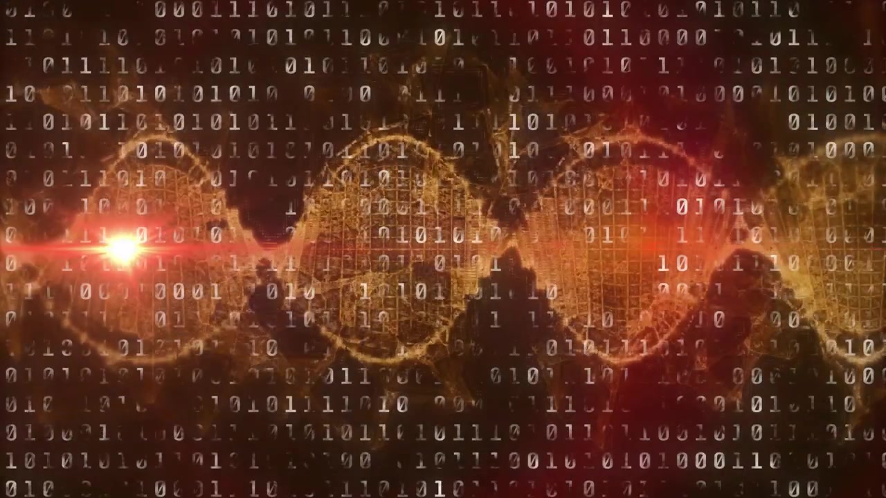 Hélice de ADN luminosa pulsando sobre un fondo binario, luego un destello rojo que barre para visualización de datos.
