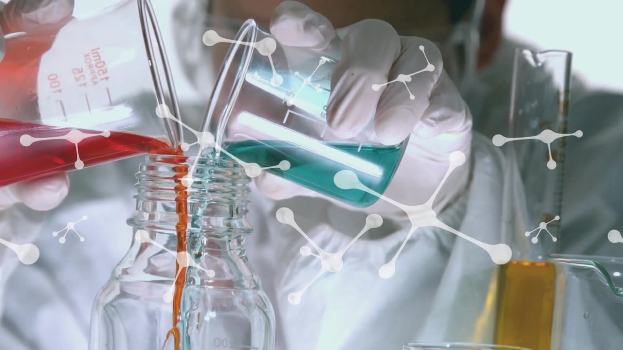 Animation of nucleotides, caucasian researcher pouring chemical from flasks to bottle in laboratory