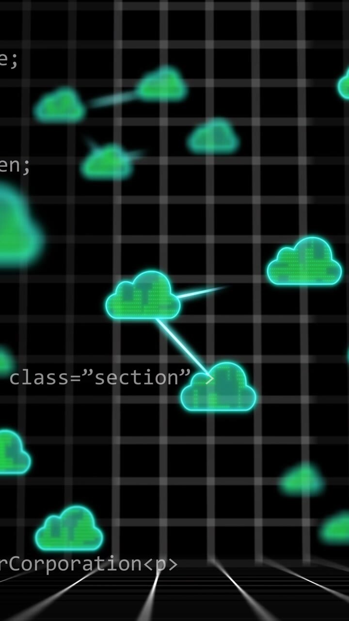 Cloud computing network animation over HTML and CSS code on grid background