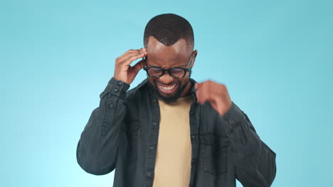 headache, stress and young black man in studio