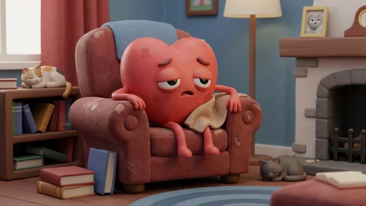 Cartone animato di un cuore triste in una stanza accogliente