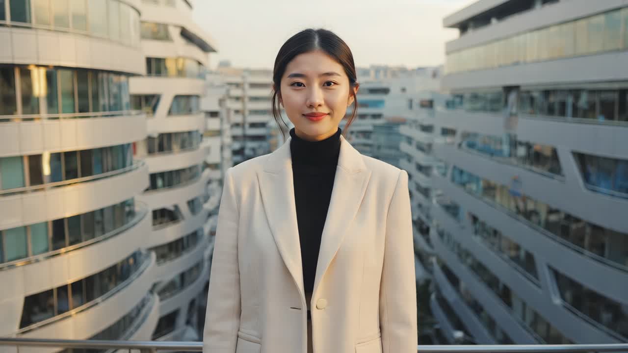 Professional Asian woman standing outdoors in a modern city setting