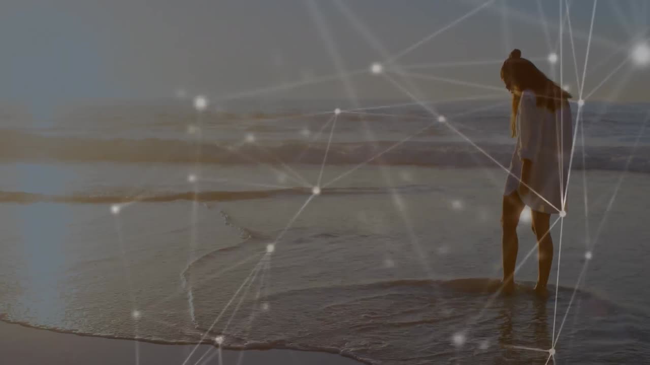 해변에서 물 속에서 는 백인 여성에 대한 연결 네트워크의 애니메이션
