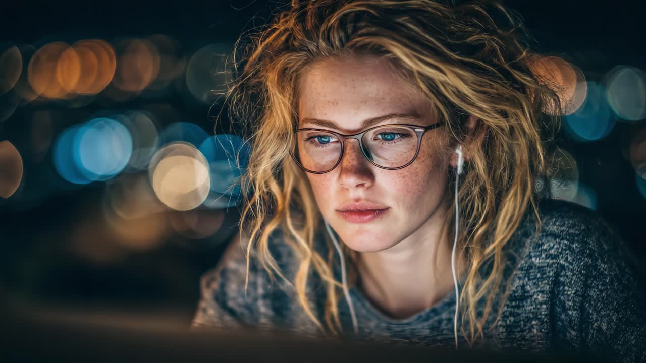 Nachdenklicher Moment festgehalten: Eine konzentrierte junge Frau mit Brille, die in Gedanken versunken ist, während sie Kopfhörer vor einem wunderschön verschwommenen nächtlichen Stadtlandschafts-Hintergrund trägt
