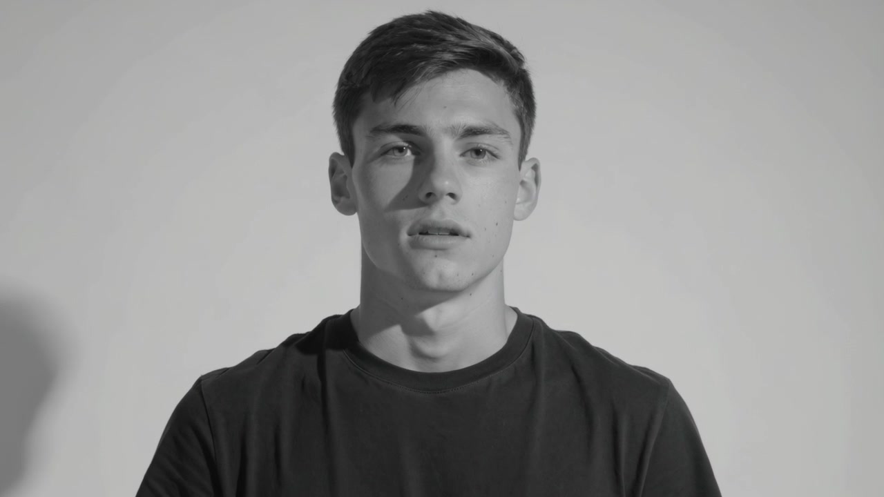 Mouthing male subject responding to cue in studio with shadowed backdrop and black T-shirt
