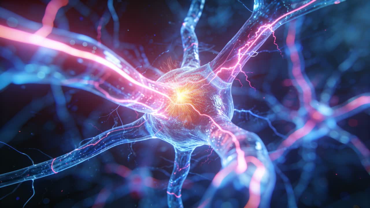 Showing blue soma receiving pink surge along neurites in micro mesh, yellow flare pulsing sparks