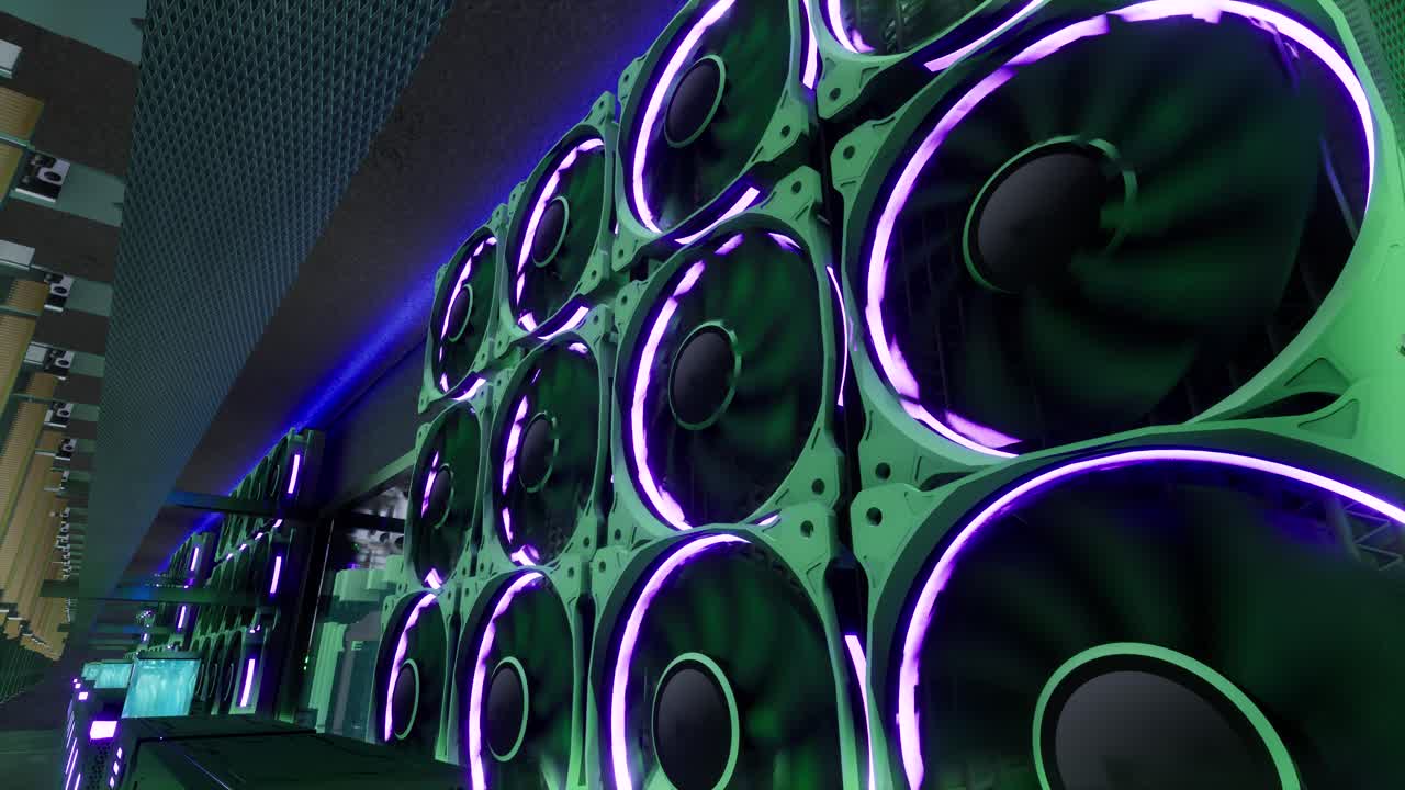 animación 3d de equipos de minería en bastidores de soporte minero criptomoneda en contenedor de acero. aplicación de tecnología blockchain específico centro de datos de circuitos integrados. luces de sala de servidores.