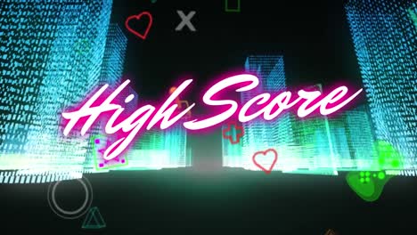 Animation-Von-Highscore-Text-über-Stadt--Und-Gaming-Symbolen