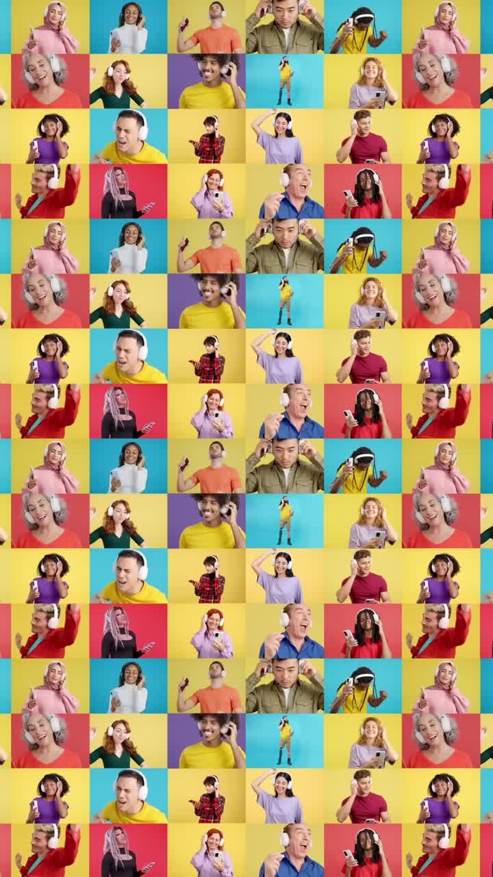 Diverse group of people listening to music with headphones