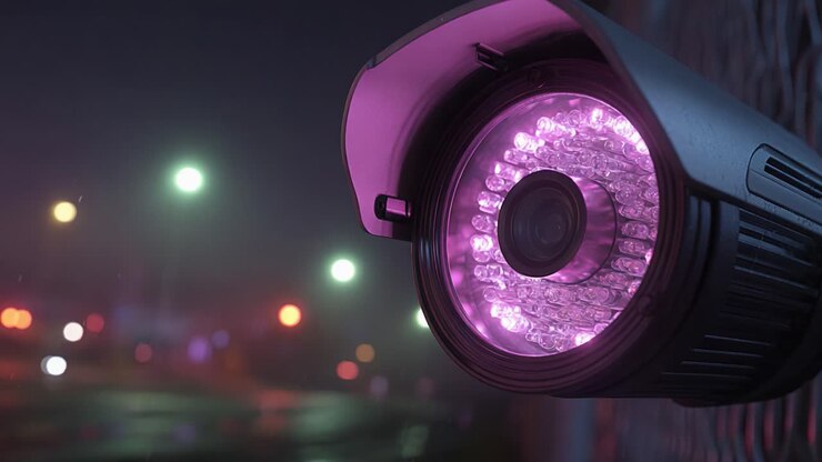 A Close-Up View of a Modern Surveillance Camera with a Unique Purple Light, Set Against a Blurry Nighttime Cityscape Filled with Colorful Bokeh Effects