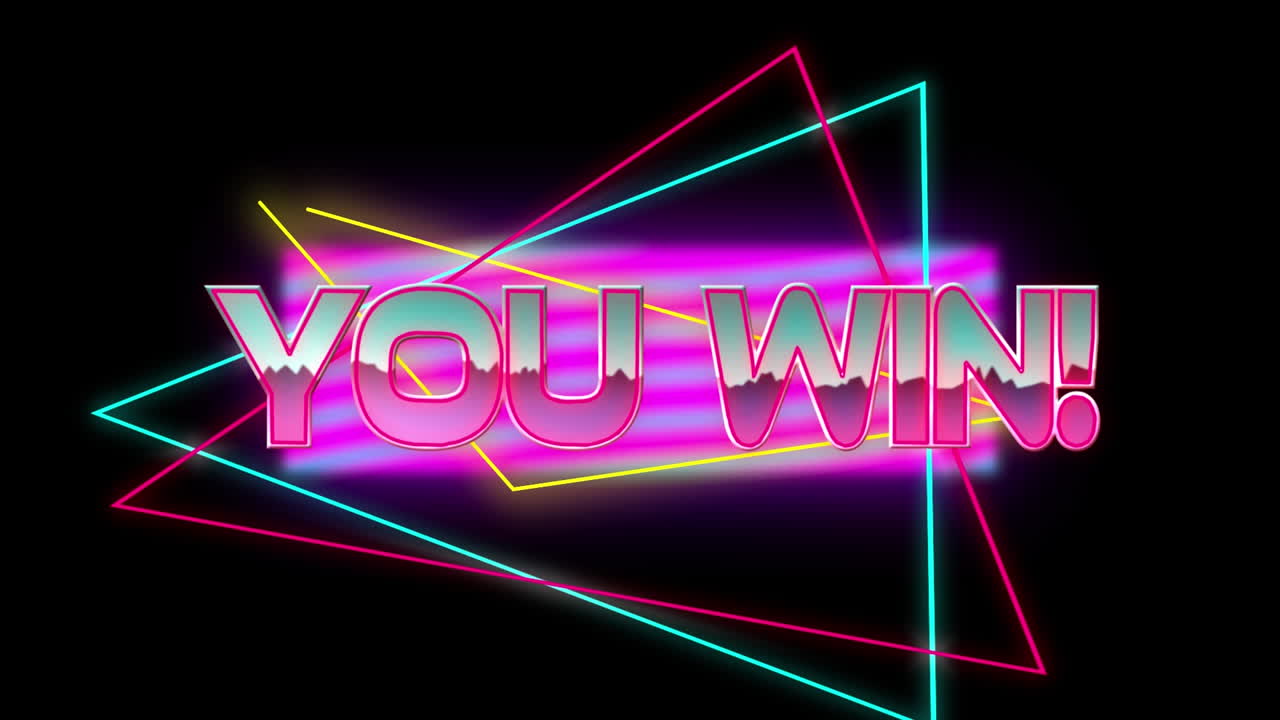 animación de usted ganar texto en letras rosadas metálicas y triángulos de neón sobre fondo negro