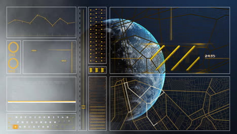 animation of digital data processing over globe on dark background