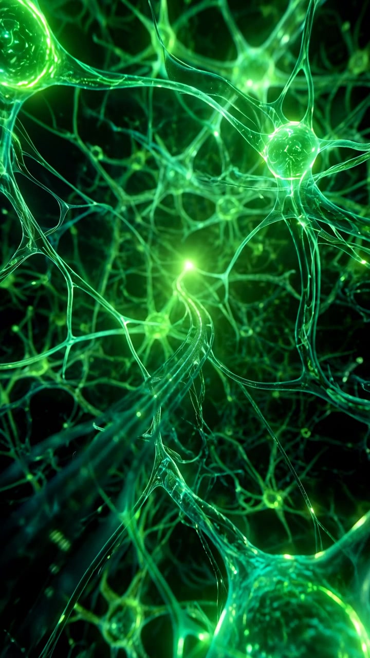 Corpi cellulari verde brillante e sottili fibre ramificate si muovono attraverso un campo scuro mentre punti luminosi si spostano lungo percorsi collegati, creando profondità stratificata e un intricato modello neurale