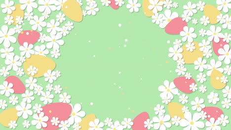 Easter design round frame with eggs and flowers in pastel colors. Happy Easter greetings card with empty space for text. Looped animation.