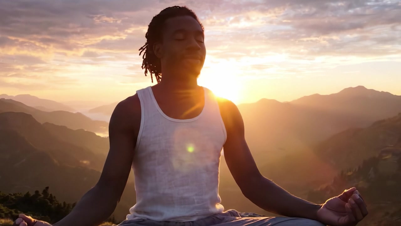 A Tranquil Moment of Meditation at Sunrise, Capturing the Essence of Inner Peace and Connection with Nature Amidst Majestic Mountain Landscapes