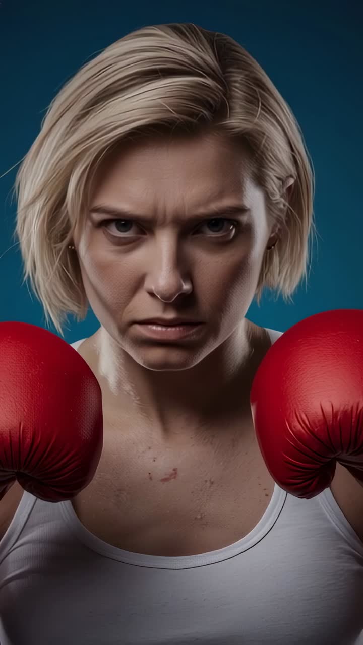 Donna in posizione di guardia pugilistica che sferra un jab in avanti verso la telecamera, mostrando guantoni rossi e sudore.