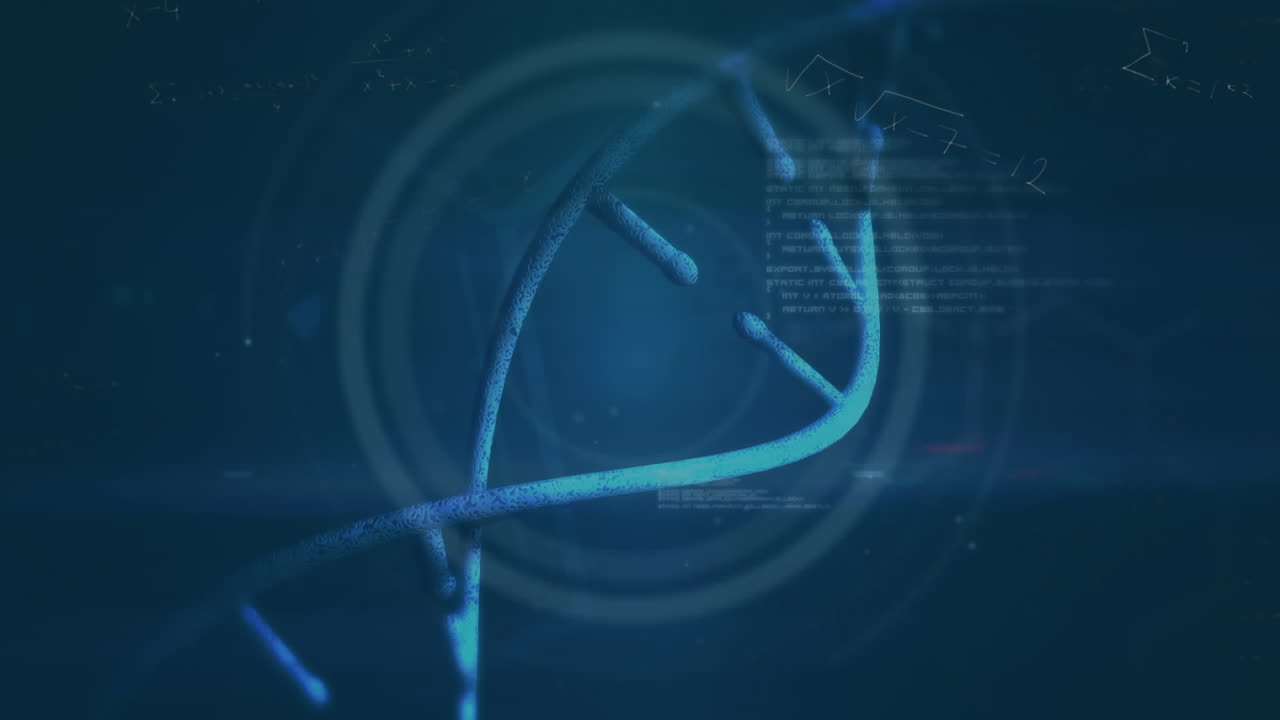 Animation of dna strand and data processing over blue background