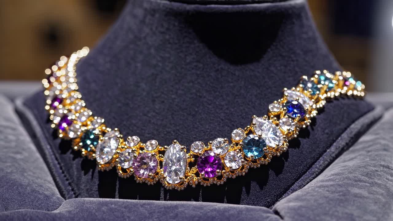 Elegante collana con pietre preziose colorate su un espositore di velluto nero.