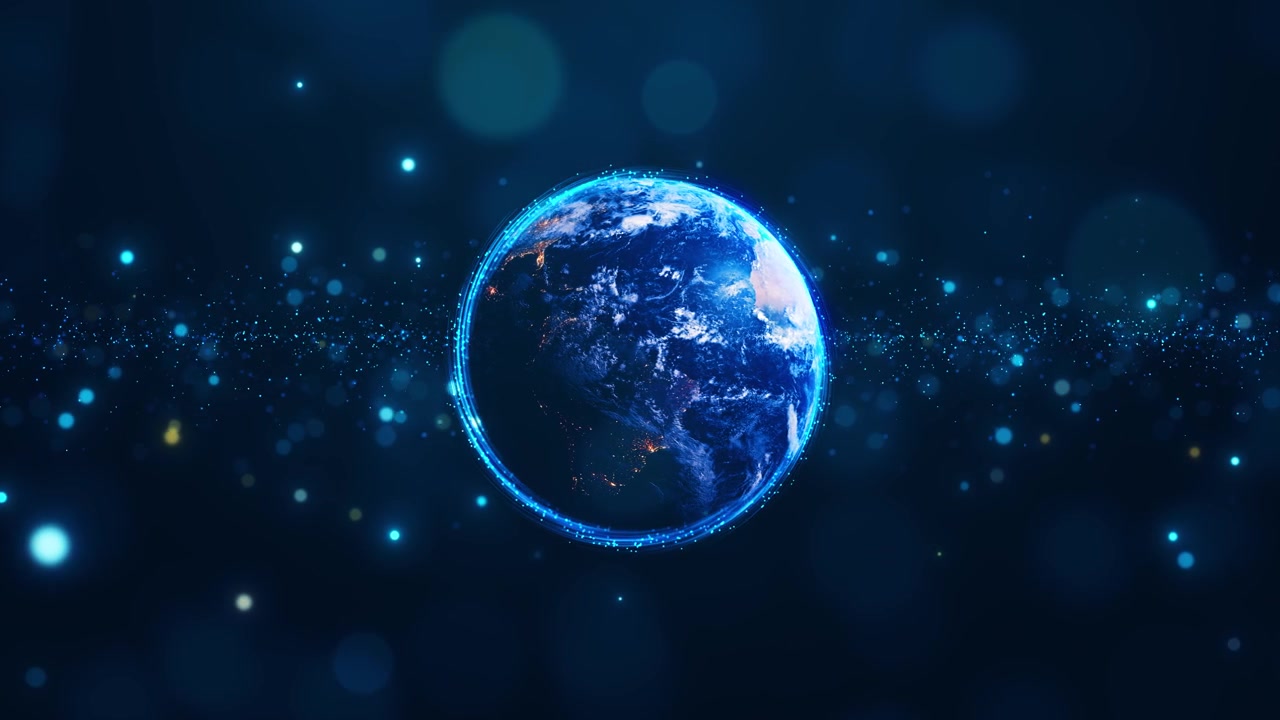 Globalt digitalt planetlys-visual med lysende jord-cyan partikelring og blød blå dybde.