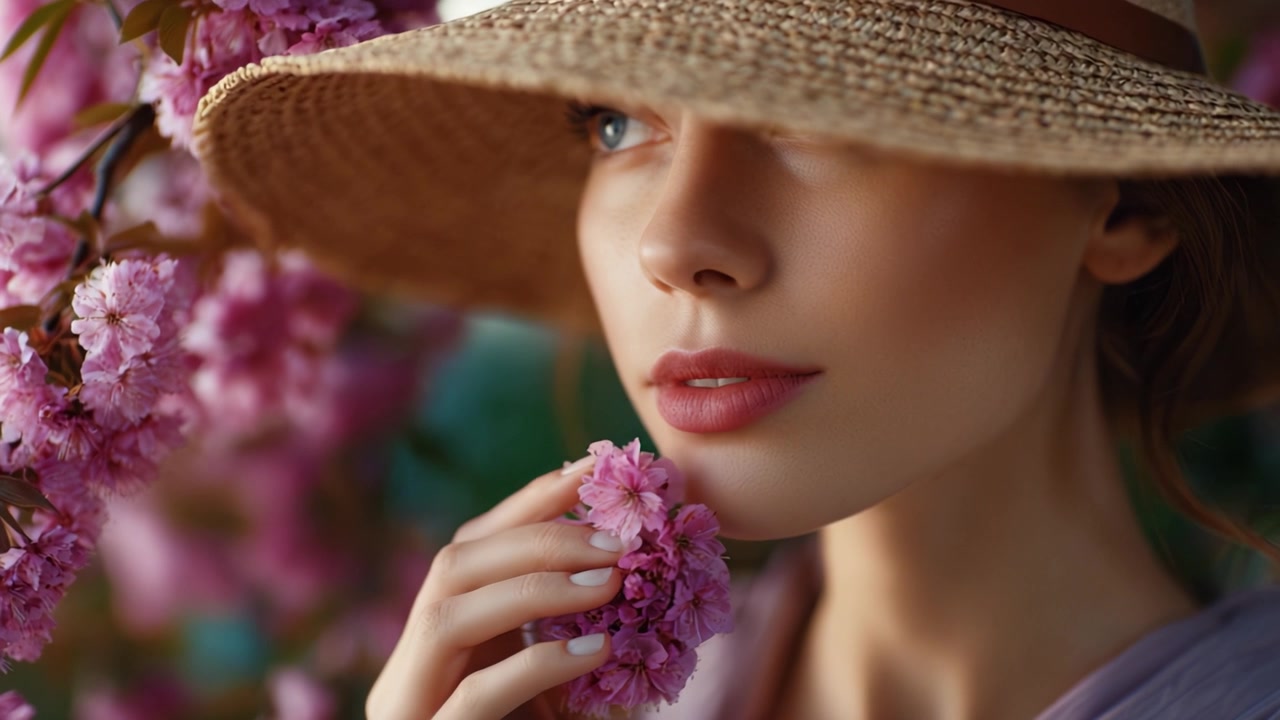 Un momento sereno catturato in primavera, dove una giovane donna ammira un fiore delicato sullo sfondo di splendidi ciliegi in fiore.