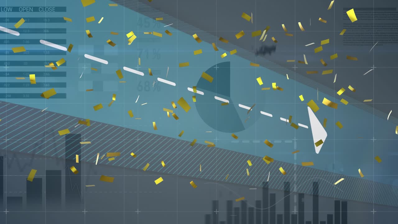 Animation of golden confetti falling over statistical data processing against grey background