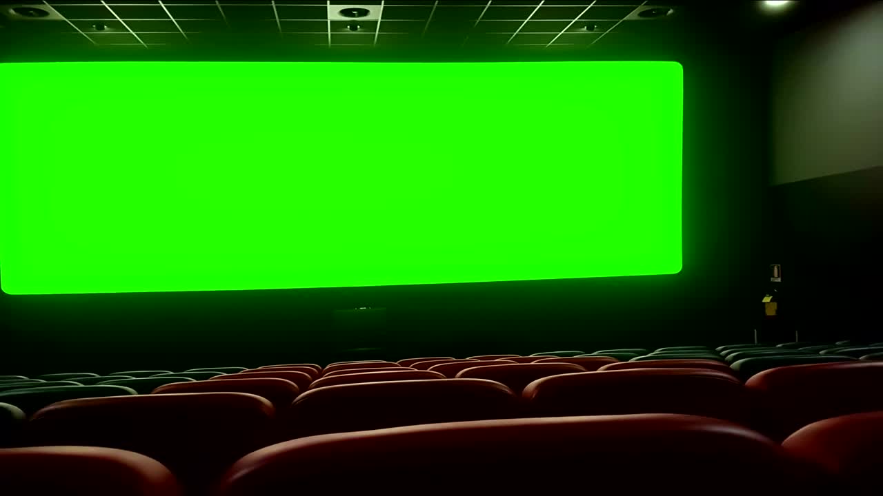 공허한 빨간 좌석과 함께 영화관 내부, 크로마 키, 녹색 스크린, 가장자리에 빛,  효과, 레크리에이션 개념