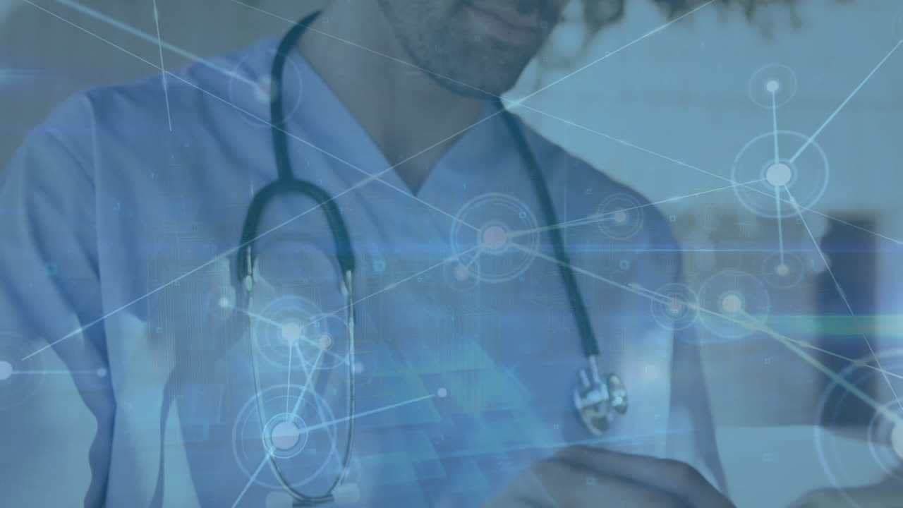 animación de la red de conexiones a través de un médico caucásico masculino